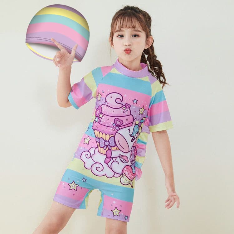 Ảnh Đồ bơi bé gái đi biển SKIDS sét đồ bơi cho trẻ em liền thân họa tiết kỳ lân tặng kèm mũ đáng yêu 4
