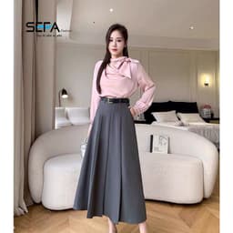 Thumbnail Chân váy xoè công sở SEFA dáng A dài midi xếp ly may chiết eo kèm đai chất liệu kate xước cao cấp 2