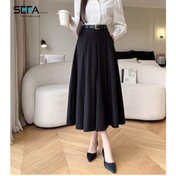 Thumbnail Chân váy xoè công sở SEFA dáng A dài midi xếp ly may chiết eo kèm đai chất liệu kate xước cao cấp 3