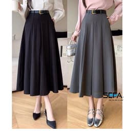 Thumbnail Chân váy xoè công sở SEFA dáng A dài midi xếp ly may chiết eo kèm đai chất liệu kate xước cao cấp 1