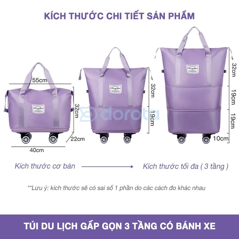 Ảnh Túi du lịch 3 tầng gấp gọn có bánh xe kích thước lớn đi dã ngoại, công tác kéo tay, cài vali 3TBX 4