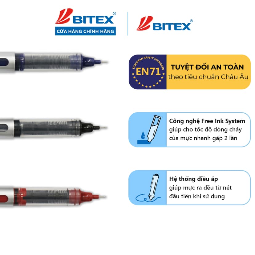Ảnh Bút lông bi Bitex R02 mực xanh, đỏ, đen ngòi 0.5mm 1