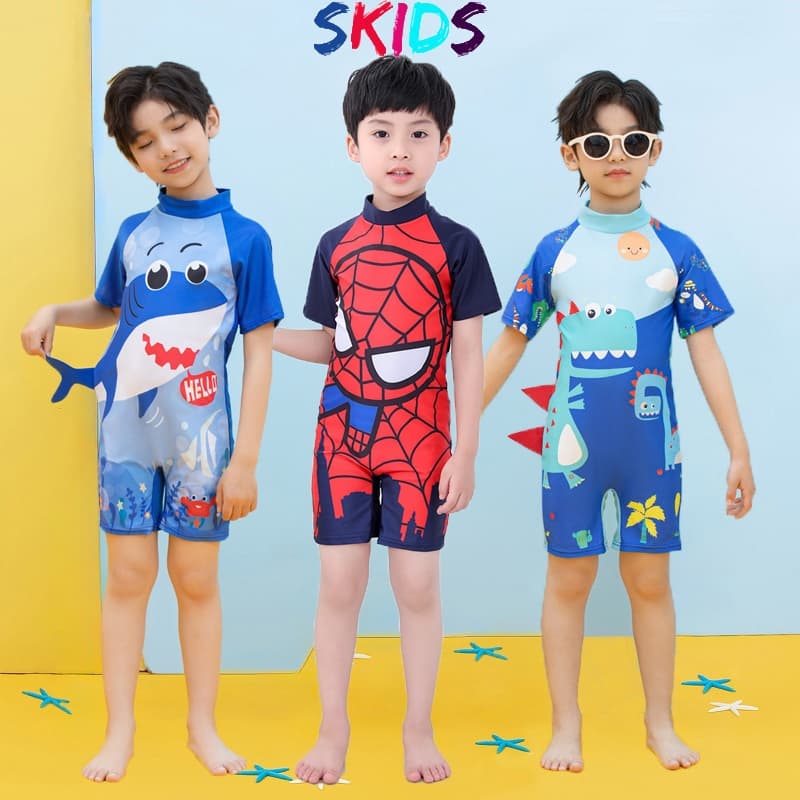 Ảnh Bộ đồ bơi bé trai liền thân SKIDS quần áo bơi cho ngắn tay cho bé đi biển họa tiết khủng long người nhện đáng yêu 1
