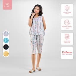 Thumbnail Bộ mặc nhà nữ WINNY kiểu sát nách quần ngố chất lanh mềm mát 2MNLA23032S 2