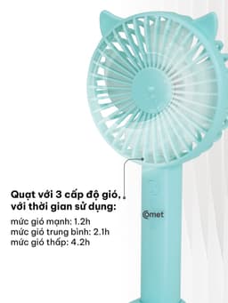 Thumbnail Quạt Sạc Cầm Tay COMET CRF1104 Công Suất 3W, Pin 1200mAh, Có Đế Rời, Kích Thước Nhỏ Gọn 4