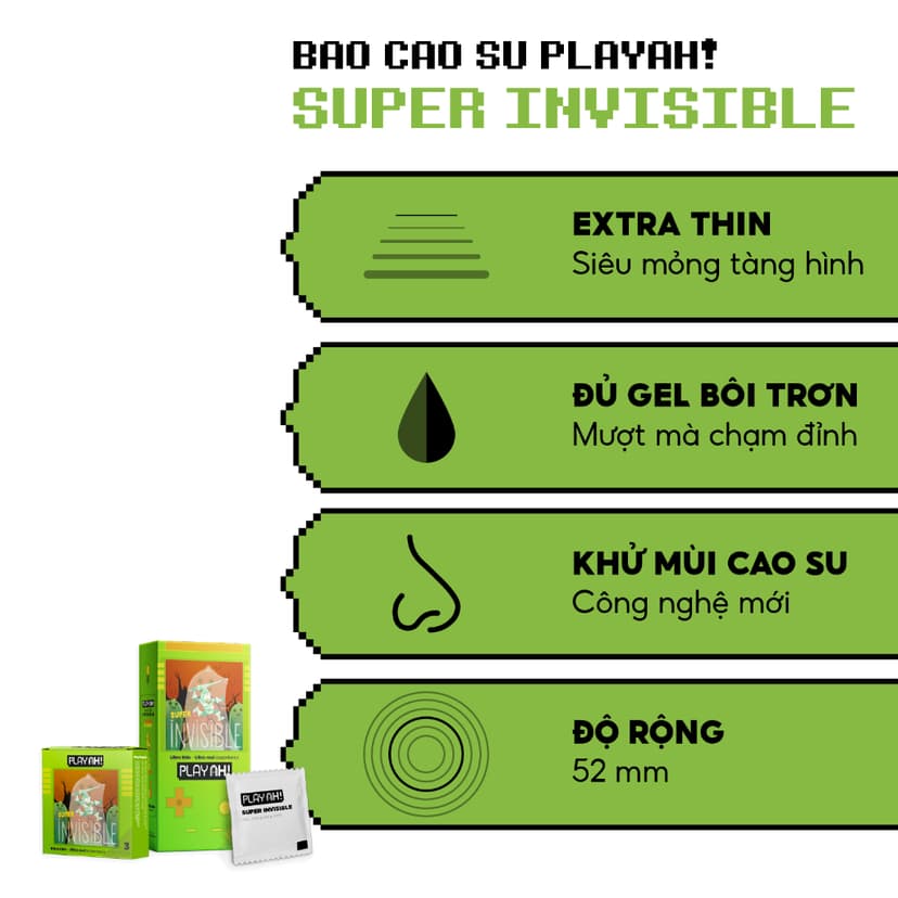 Ảnh Bao Cao Su PlayAh Super Invisible Siêu Mỏng Hộp 3/10 size 52mm, nhiều gel, truyền nhiệt 3