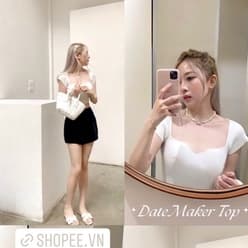 Thumbnail TINGOAN® - Áo len xù ngắn tay cổ lượn viền trắng DATE MAKER TOP/WH PHIÊN BẢN MỚI NHẤT T6.2024 2