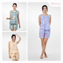 Thumbnail Bộ mặc nhà nữ WINNY kiểu sát nách quần đùi chất lanh mềm mát 2MNLA23059B 2