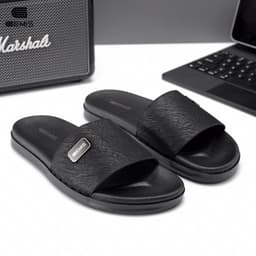 Thumbnail DéP Nam GEMIS quai ngang dép da màu đen khâu quai cao 2.5cm Slipper Đế Bằng Cao Su 1