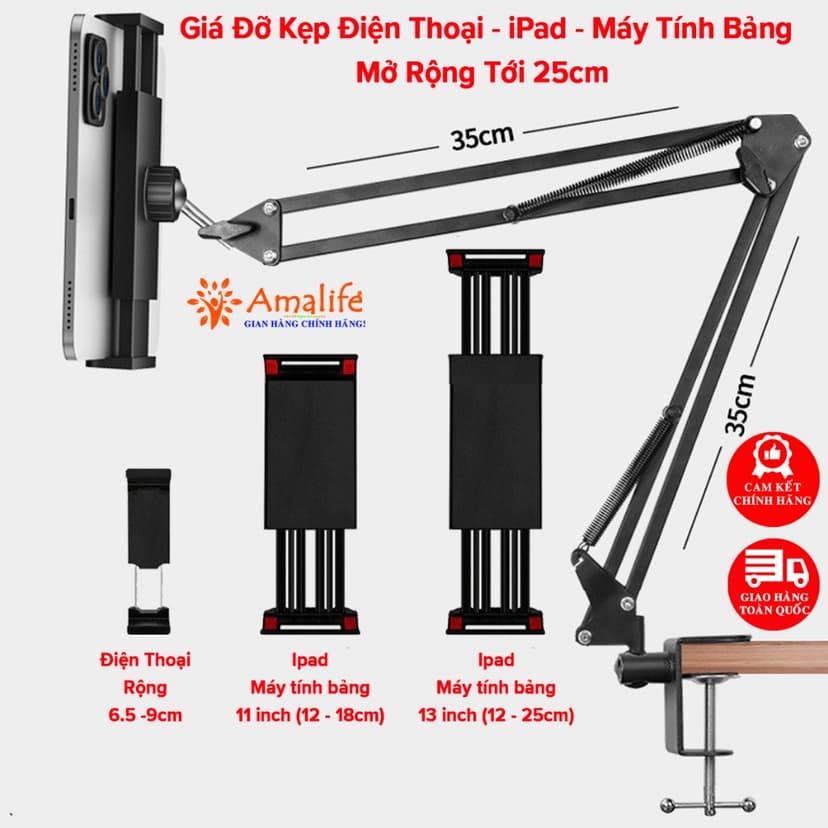Ảnh Giá Đỡ Điện Thoại, Máy Tính Bảng, Ipad Mở Rộng Đến 25cm Có Kẹp Bàn Khung Kim Loại 35cm Xoay 360 Độ Chính Hãng Amalife 1