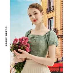 Thumbnail Áo kiểu crop poly gân chun lưng Đen/ Cream/ Olive Green 411TO2028 ADORE DRESS 4