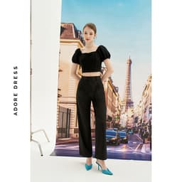 Thumbnail Áo kiểu crop poly gân chun lưng Đen/ Cream/ Olive Green 411TO2028 ADORE DRESS 3