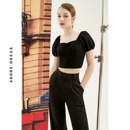 Thumbnail Áo kiểu crop poly gân chun lưng Đen/ Cream/ Olive Green 411TO2028 ADORE DRESS 2