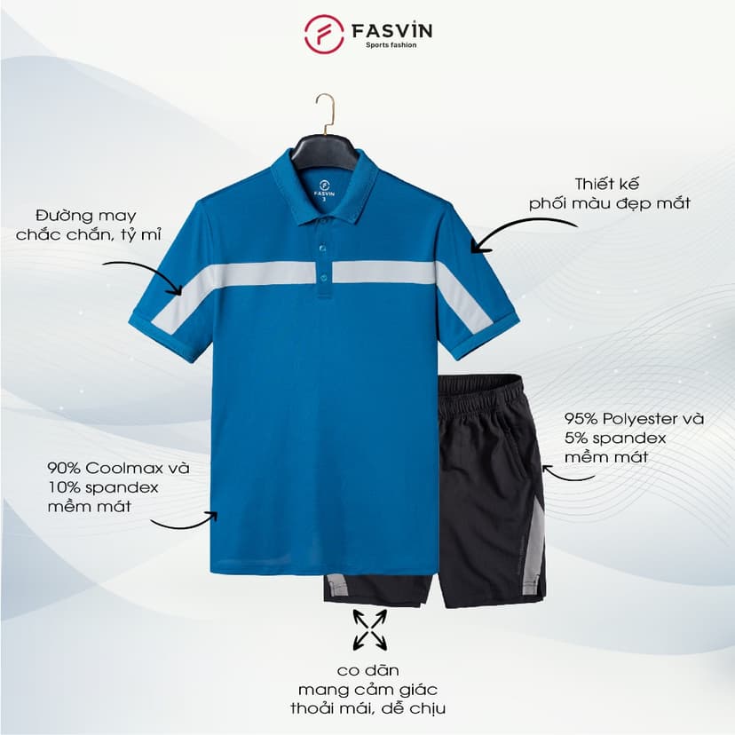Ảnh Bộ Quần Áo Nam Thể Thao FASVIN PL24626 + Q22508.HN chất vải mềm nhẹ co giãn thoải mái 2