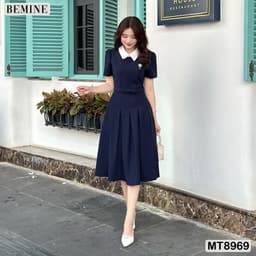 Thumbnail Đầm thiết kế cổ sen eo đính nơ tùng xếp ly BEMINE MT8969 3