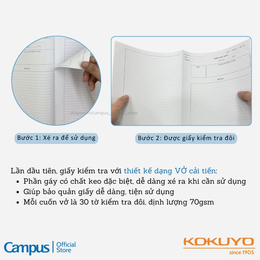 Ảnh Giấy Kiểm Tra Dạng Vở Xé, SL 30 tờ đôi, A5/B5, kẻ ngang/4 ly ngang, ĐL 70gsm, Chính Hãng Campus 2