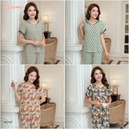 Thumbnail Đồ bộ mặc nhà nữ SUNFLY chất lanh lụa họa tiết áo cộc quần ngố SP2187 2