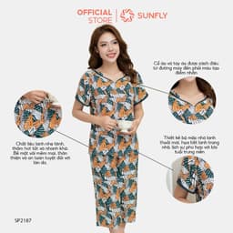 Thumbnail Đồ bộ mặc nhà nữ SUNFLY chất lanh lụa họa tiết áo cộc quần ngố SP2187 1