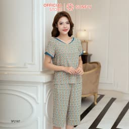 Thumbnail Đồ bộ mặc nhà nữ SUNFLY chất lanh lụa họa tiết áo cộc quần ngố SP2187 4