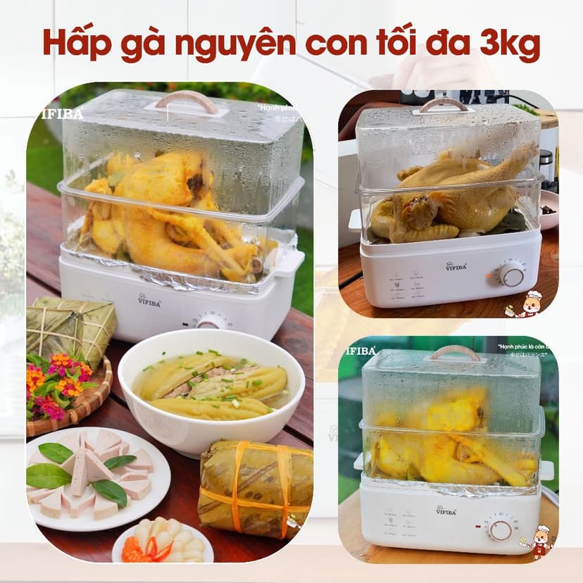 Ảnh Nồi Hấp Điện 2 Tầng VIFIBA Chính Hãng - Nồi Hấp Hẹn Giờ - Dung Tích 10L, Hấp Gà Nguyên Con 3kg 2
