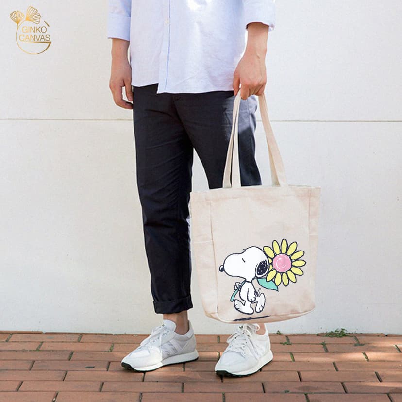 Ảnh Túi Tote Canvas GINKO Unisex Có Dây Kéo Khóa ( túi con) Phong Cách Hàn Quốc In Hình Snoopy- Hoa 4
