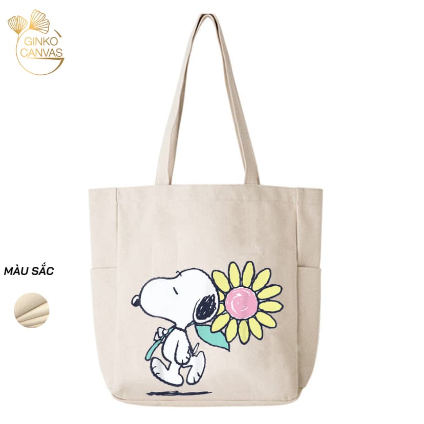 Ảnh Túi Tote Canvas GINKO Unisex Có Dây Kéo Khóa ( túi con) Phong Cách Hàn Quốc In Hình Snoopy- Hoa 3