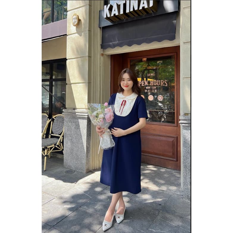 Ảnh Váy bầu RUBIE DRESS phối nơ đính, yếm hình đan chéo kiểu dáng basic giấu bụng thiết kế by L'amme 2