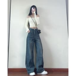 Thumbnail Quần jean nữ ống suông lưng cao gân trước EMIX Quan9589/P13K27 2