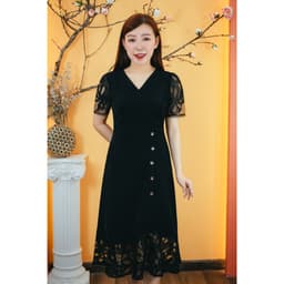 Thumbnail Đầm form A trung niên Cổ tim đắp chéo kết nút tay ngắn màu Đen TTV Store thời trang nữ TTV1591 1