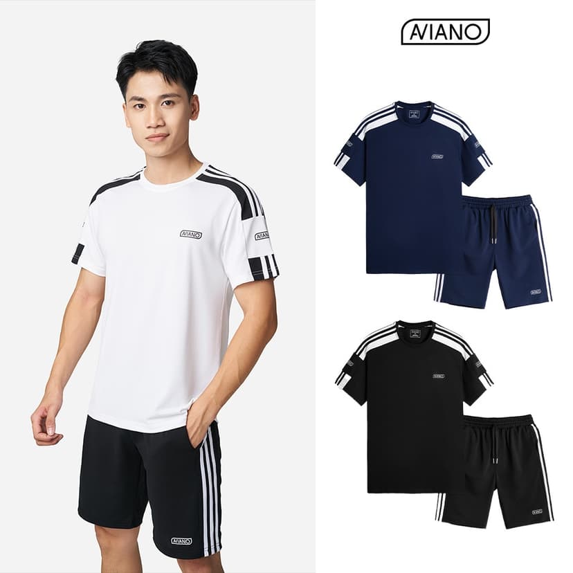 Ảnh Bộ Quần Áo Nam AVIANO, Bộ Thể Thao Nam Có Tròn Tay Ngắn Thiết Kế Viền Vai Kẻ Sọc 1