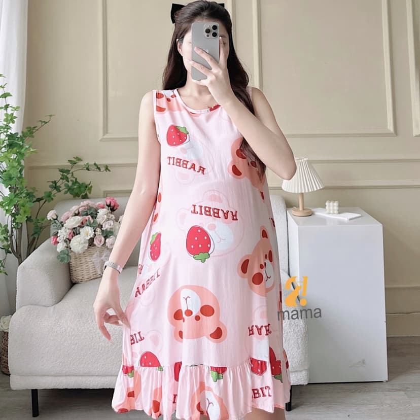 Ảnh Váy lanh bầu sát nách 2mama, form rộng, mềm mại thoáng mát, hoạ tiết cực xinh 2