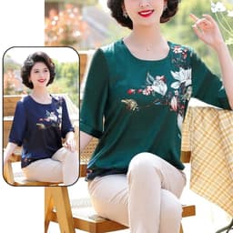 Thumbnail Áo Trung Niên Nữ, Mẫu Sơ Mi Lụa Họa Tiết Hoa 3D Ngắn Tay Cho Mẹ U60 | Thời Trang Trung Niên MAI THY 3