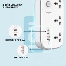 Thumbnail Ổ điện thông minh đa năng AC kèm USB-A và USB-C sạc nhanh PD ( đến 65W) - Hàng chính hãng, bảo hành 1 năm 2