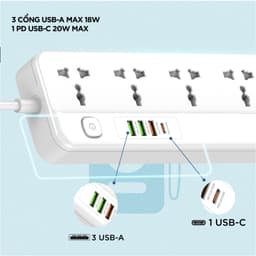 Thumbnail Ổ điện đa năng 5AC kèm 3USB-A và 1USB-C sạc nhanh PD (max 20W) - Hàng chính hãng, bảo hành 1 năm 3