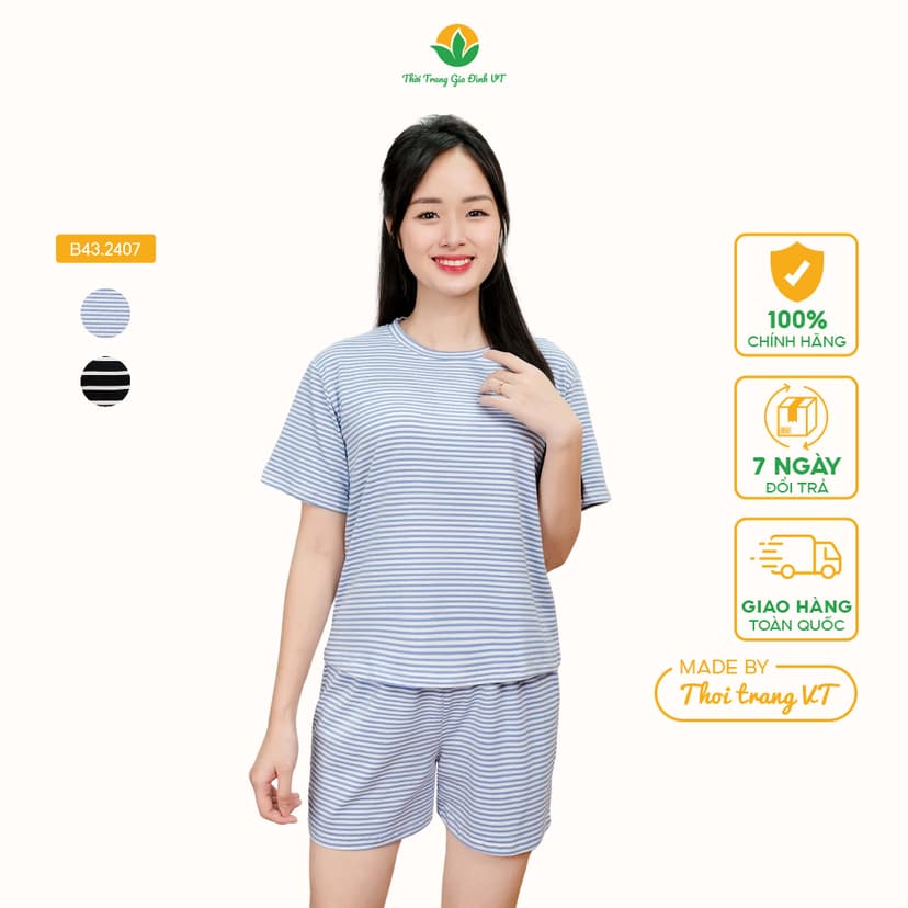 Ảnh Bộ đùi nữ chất cotton thời trang Việt Thắng áo cộc tay quần đùi kẻ sọc - B43.2407 4