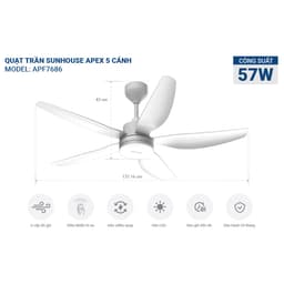 Thumbnail Quạt Trần Đèn Led Sunhouse Apex 5 cánh APF-7686, công suất 57W, cánh quạt sải rộng, điều khiển từ xa 2