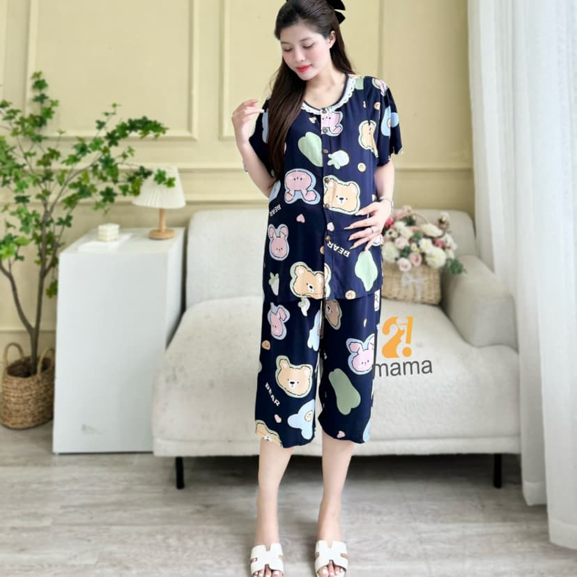 Ảnh Bộ đồ bầu 2mama mặc nhà cả bầu và sau sinh vải lanh tôn thái cực mát, dễ thương 3