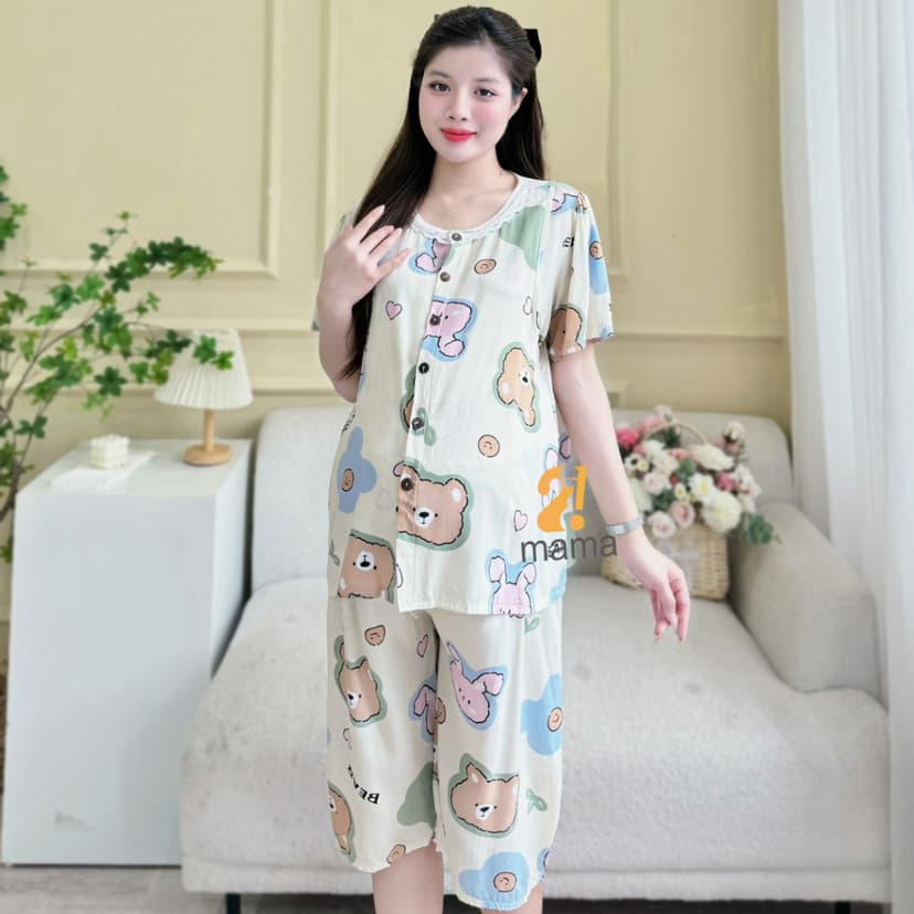 Ảnh Bộ đồ bầu 2mama mặc nhà cả bầu và sau sinh vải lanh tôn thái cực mát, dễ thương 2
