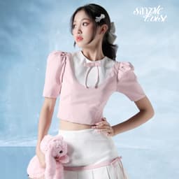 Thumbnail Áo dáng ngắn tay phồng đính nơ màu hồng phối trắng PRINCESS phong cách nữ tính - Simple Twist 4