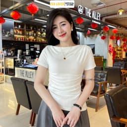 Thumbnail Áo thun nữ lệch vai Evalover – Nhún eo gấu vát, vải cotton co giãn 4 chiều 2