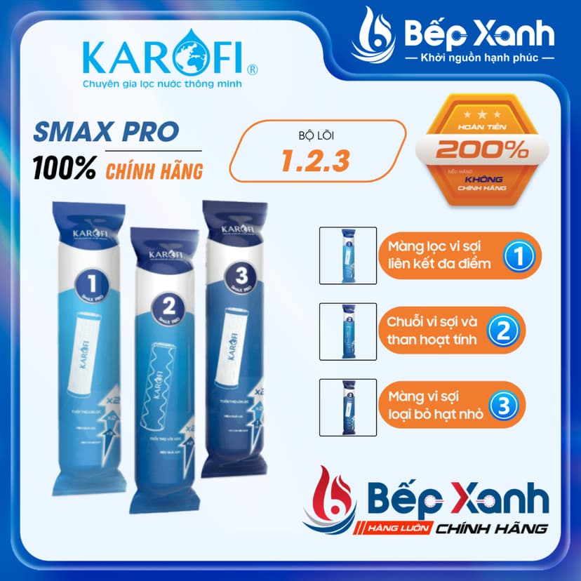Ảnh Bộ lõi lọc Karofi 1,2,3 SMAX PRO - Hàng chính hãng, lắp được cho các máy lọc RO có 3 cốc lọc thô 10 inch 1