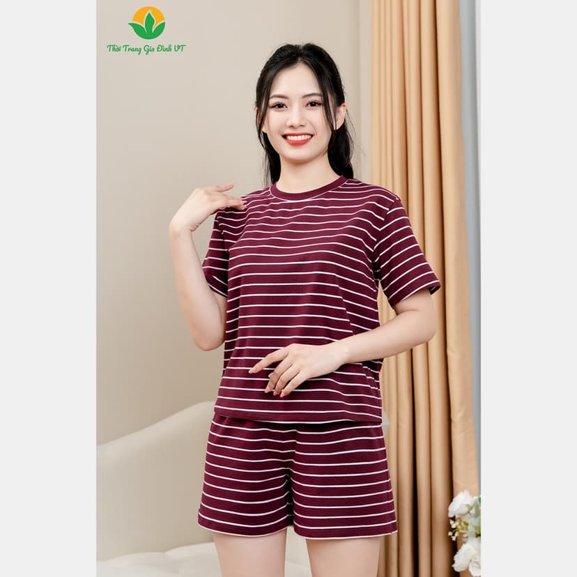 Ảnh Bộ đùi nữ chất cotton thời trang Việt Thắng áo cộc tay quần đùi kẻ sọc - B43.2407 2