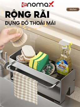 Thumbnail Giá kệ để đồ rửa bát Enomax đựng miếng rửa bát kèm thanh treo khăn, chất liệu Thép Carbon. Bảo hành 10 năm (Eno 0162) 3