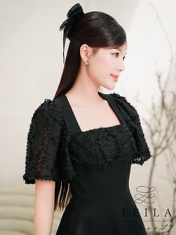 Thumbnail LEILA CLOSET | Đầm thiết kế Elen đen xoè dài phối tay ren lưới cổ vuông sang trọng 1