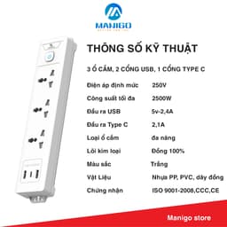 Thumbnail Ổ Cắm Điện Đa Năng Manigo Công Suất 2500W Tích Hợp USB TypeC Ổ Vuông Dẹt 2,5m-3,5m BH 18 Tháng 2