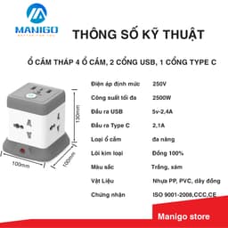 Thumbnail Ổ Cắm Điện Đa Năng Manigo Công Suất 2500W Tích Hợp USB TypeC Ổ Vuông Dẹt 2,5m-3,5m BH 18 Tháng 3