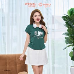 Thumbnail Áo phông nữ SUNFLY chất cotton compact dáng xếp ly eo cộc tay SFA1039 4
