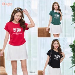 Thumbnail Áo phông nữ SUNFLY chất cotton compact dáng xếp ly eo cộc tay SFA1039 2
