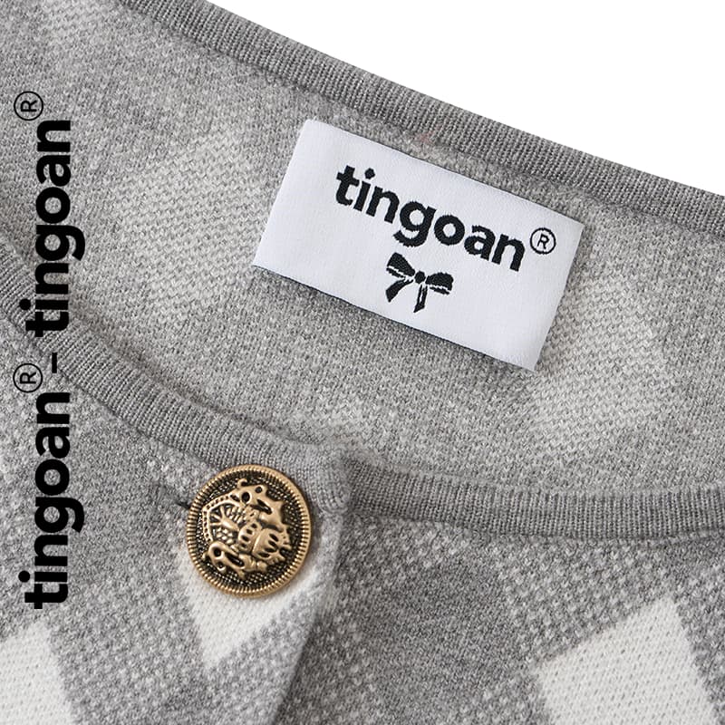 Ảnh TINGOAN®  - Áo cardigan set len xù crop kẻ quả trám có quây xám tingoan LOVE YOU BACK CARDIGAN/GR PHIÊN BẢN MỚI t6.2024 3