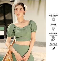 Thumbnail Áo kiểu crop poly gân chun lưng Đen/ Cream/ Olive Green 411TO2028 ADORE DRESS 1